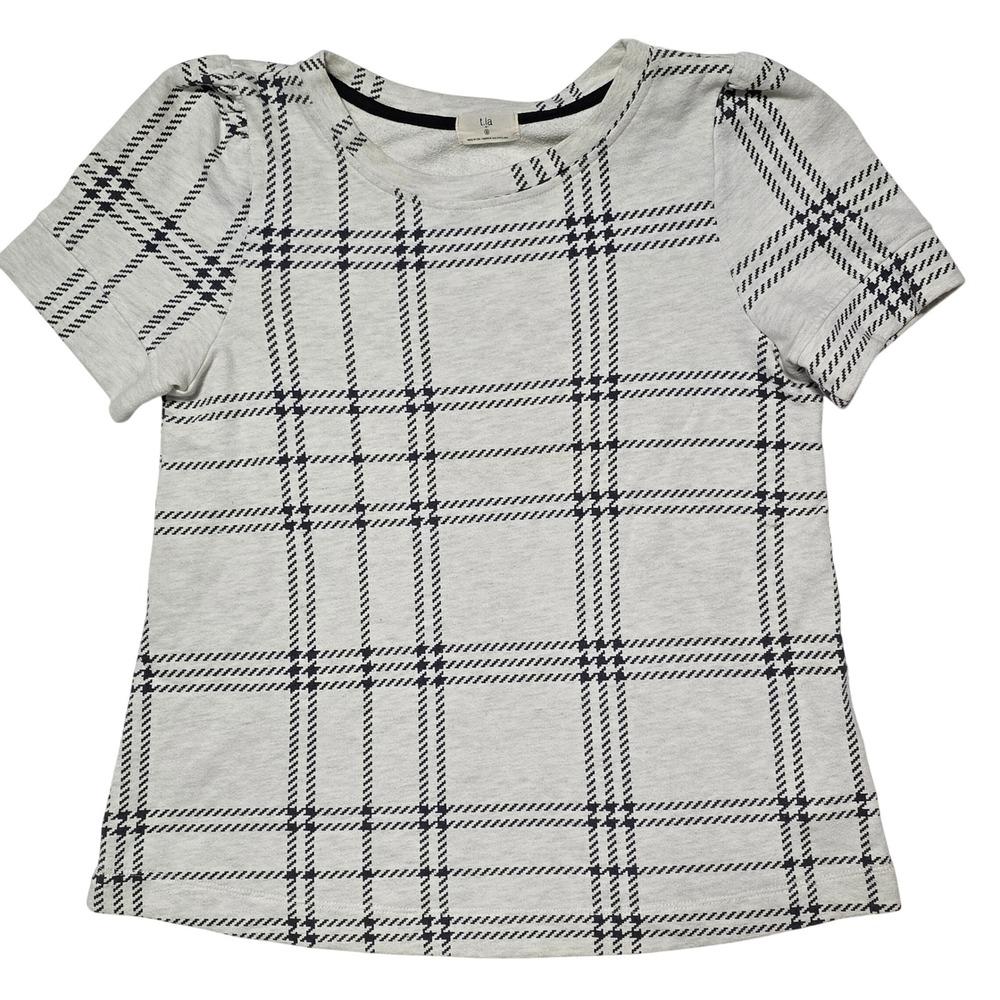 Anthropologie t.la Womens Plaid Puff Sleeve Crew Neck Tee Shirt Black Size Small